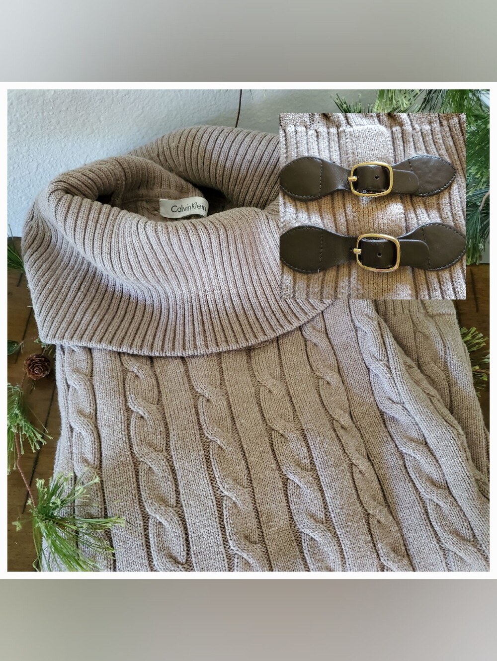 Calvin Klein Cable Knit Cowl Neck Sweater Buckle Accent Tunic Dress L